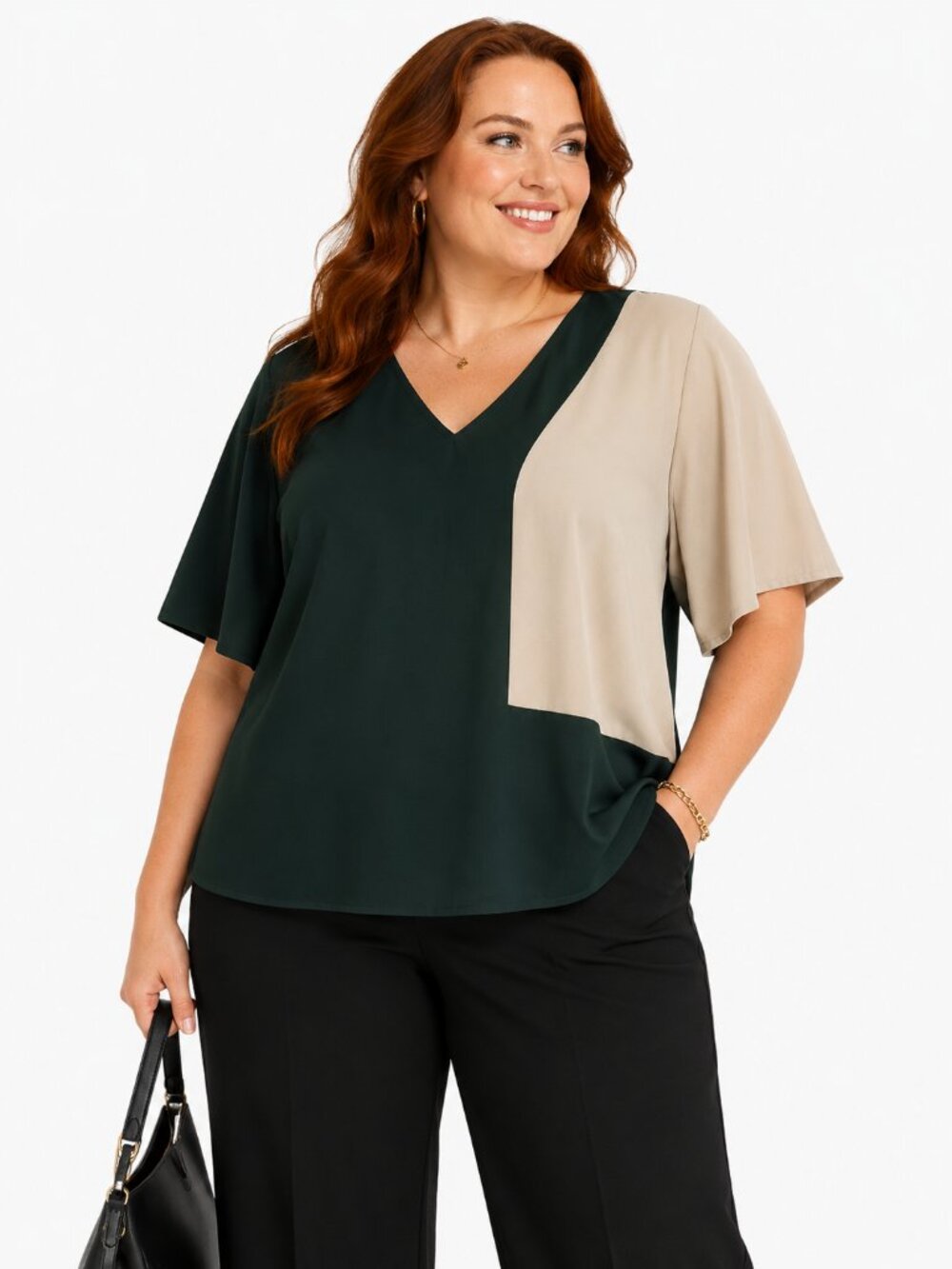 Moussy Color Block Blouse XL USA 10 Green Beige Flutter Sleeve Career Top